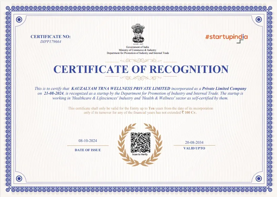 FitByVeda — Startup India Certificate of Recognition